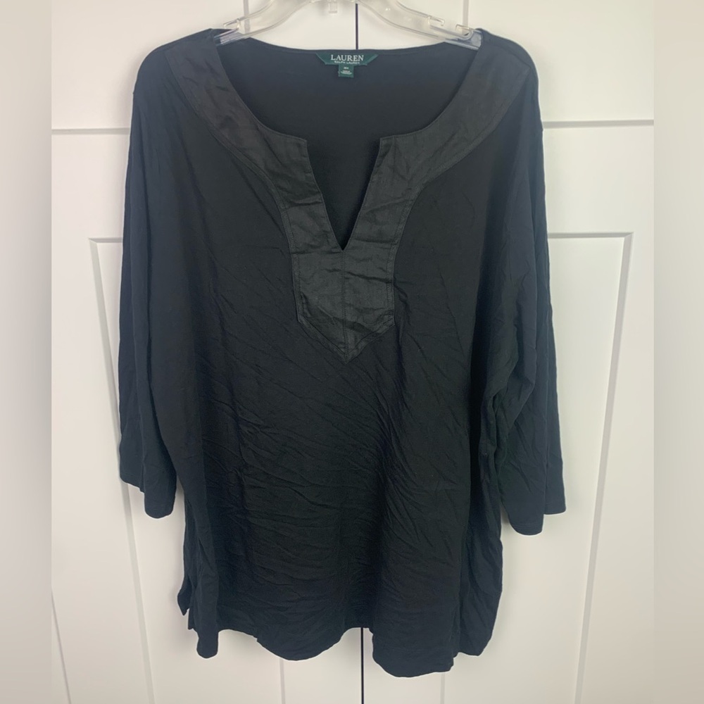 Lauren Ralph Lauren Womens Black V Neck Knit Top Blouse XL Tunic Quiet Luxury